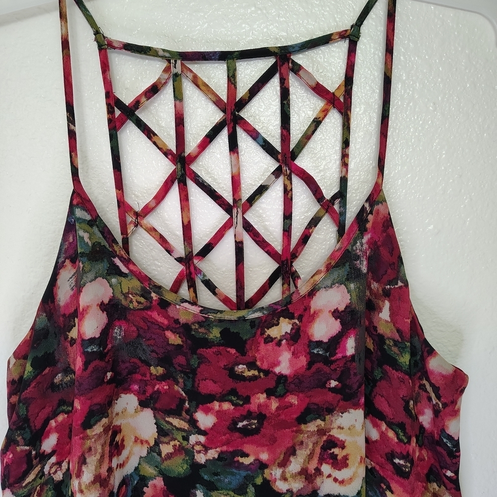 Forever21 openback lattice strappy back camisole floral roses chiffon dress Sz M - Picture 3 of 12